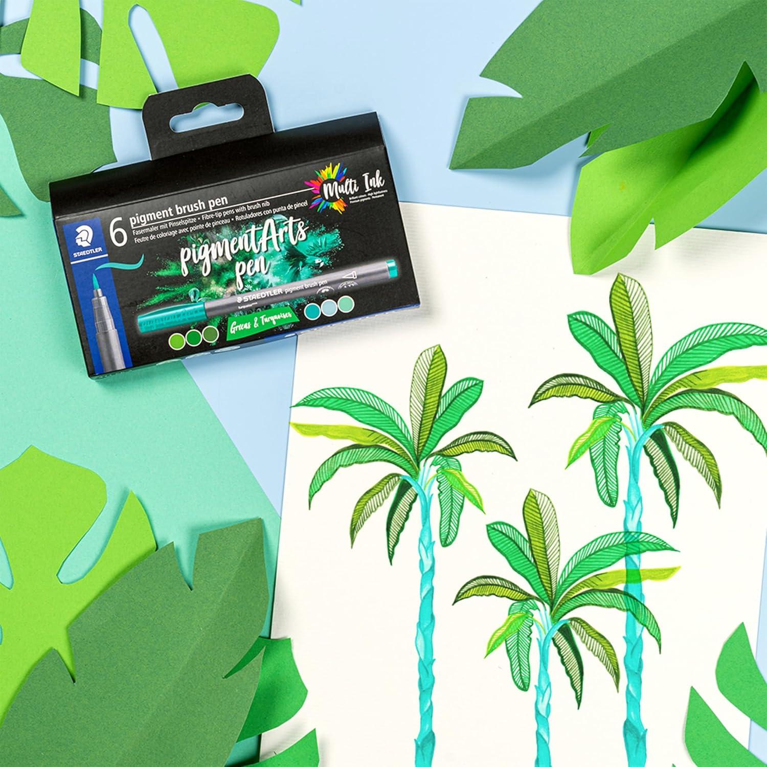 STAEDTLER Pigment Arts Brush Pen, Brush Green & Turquise, Pack of 6 ...